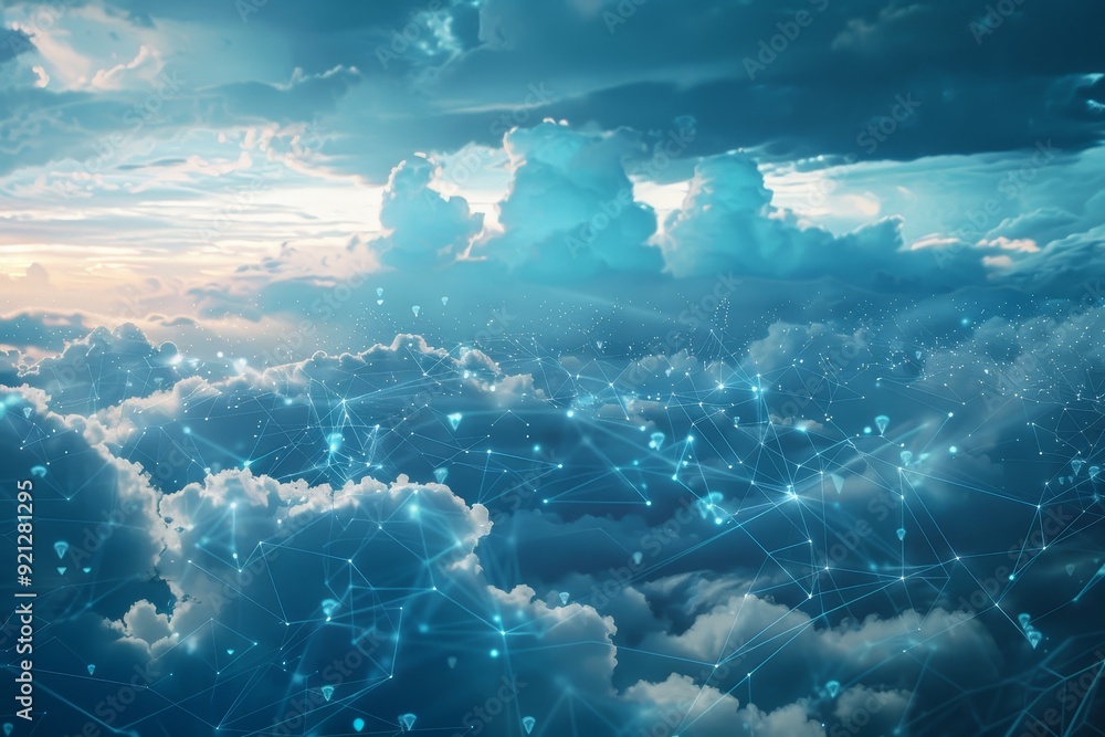 Poster clouds interconnected with network in sky, imagine a world where data flows effortlessly between vir