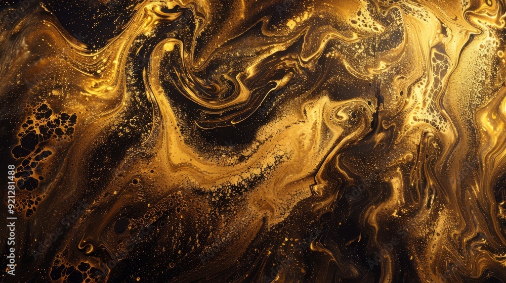 Poster a visually striking abstract pattern with dynamic gold and deep black swirls, perfect for background