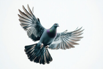 Fototapeta premium A black pigeon in mid-flight, wings outstretched.