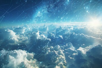 A network of intersecting lines against a backdrop of cloudy sky, Imagine a world where data flows effortlessly between virtual clouds, connecting users across the globe