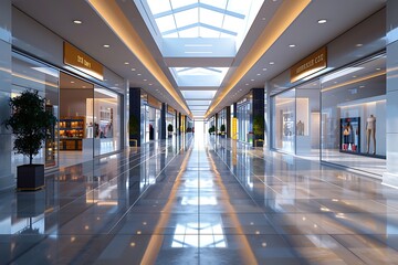 An empty shopping mall hallway with glossy tiled floors, modern storefronts on either side, 