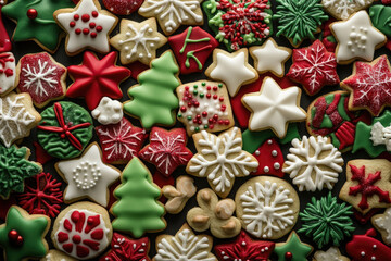 A festive assortment of Christmas cookies forms a colorful, cheerful background.