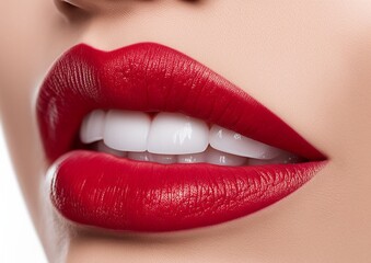 Close up of large plump lips of woman with Hyaluronic acid beauty fillers