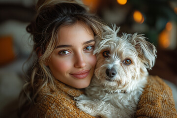 A cozy indoor scene of a woman bonding with her small white dog, capturing a moment of affection and warmth. The natural light enhances the intimate setting, with subtle background elements