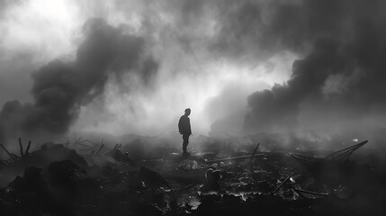 Lone soldier standing in a barren wasteland surrounded by the debris of a recent battle their silhouette stark against the dark smokefilled sky rendered in black and white