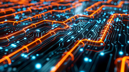 Abstract 3D Circuit Board with Orange and Blue Lights