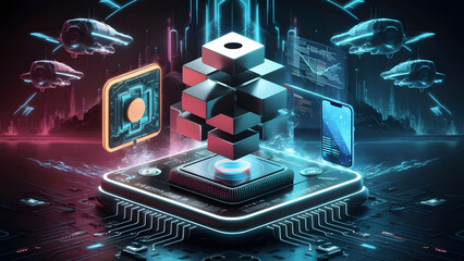 Blockchain concept, where chains of interconnected representing bitcoin cryptocurrency, neon colored nodes float in a futuristic space. 