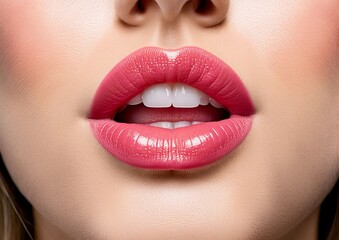 Obraz premium Close up of large plump lips of woman with Hyaluronic acid beauty fillers
