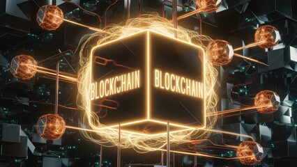 Blockchain concept, where chains of interconnected representing bitcoin cryptocurrency, neon colored nodes float in a futuristic space. 