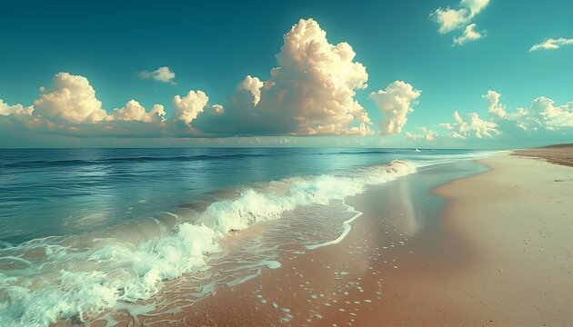 beach wave coming blue sky clouds dreamy soft summer vibrance footprints smoothened southern seas dept young