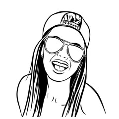 Young happy smiling woman wearing glasses and baseball cap fooling around and sticking out his tongue, summer, comic pop art vector illustration, outline coloring book