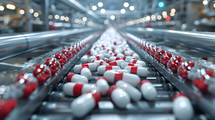 3D Illustration of Pills on a Conveyor Belt