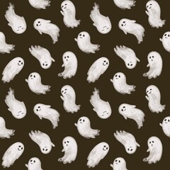 Halloween cute cartoon ghost seamless pattern, white hand draw smiling ghost, boo, hello autumn, thanks giving party paper, vintage old style 