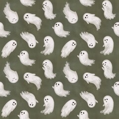 Halloween cute cartoon ghost seamless pattern, white hand draw smiling ghost, boo, hello autumn, thanks giving party paper, vintage old style 