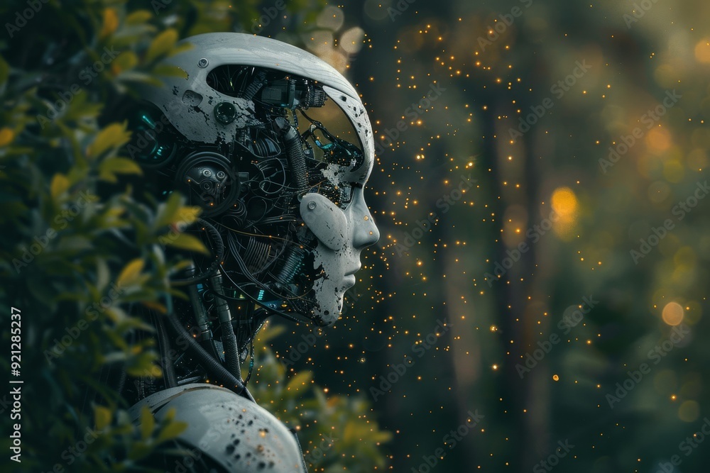 Poster a robot exploring the forest environment, surrounded by trees and nature, imagining ai as a form of 