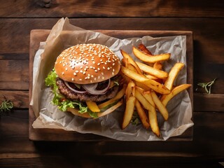 Delicious juicy hamburger with fresh ingredients served with crispy golden french fries on wooden...