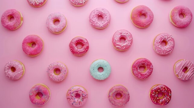 horizontal banner, National Donut Day, a row of multi-colored donuts covered with icing and confetti, pink background
