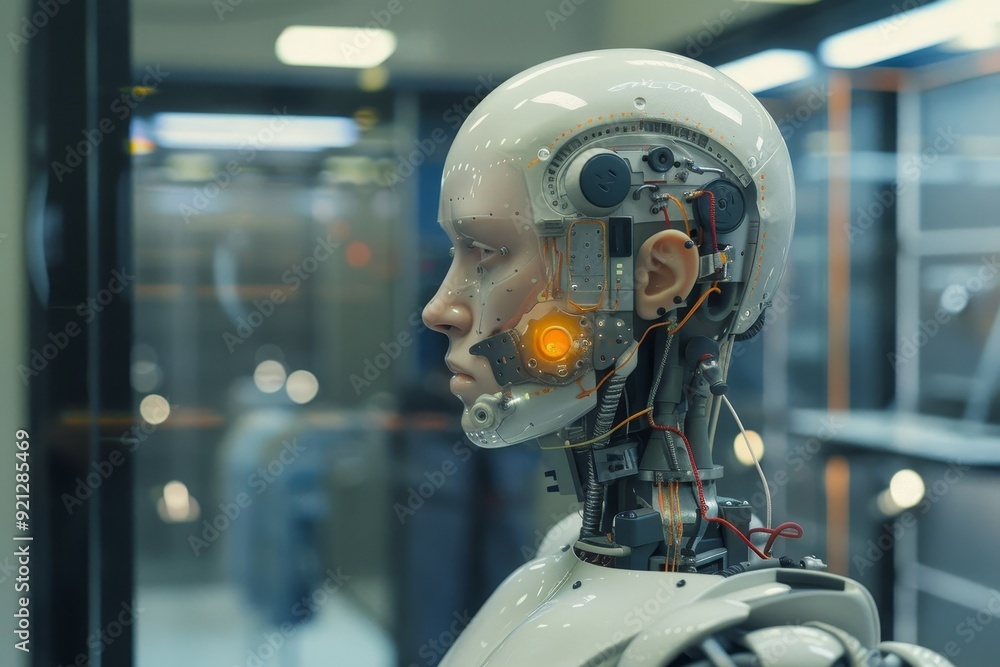 Poster a robot is positioned in front of a transparent glass barrier, imagining ai as a tool for augmenting
