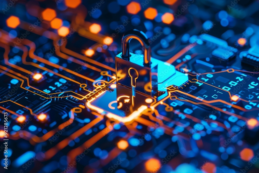 Poster a close-up view of a padlock securely fastened onto a circuit board, symbolizing data protection and