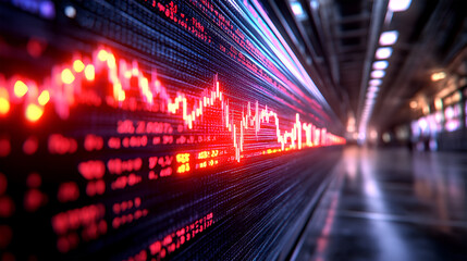 Fototapeta premium Dynamic stock market data visualization with red graph lines representing fluctuations in financial trends.
