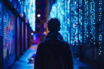 A man walks down an alley with blue lights shining behind him, Imagining the consequences of a large-scale data breach