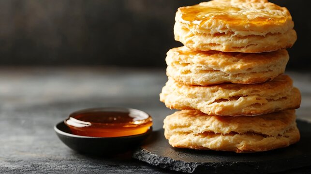 A stack of buttery, flaky biscuits, arranged on a dark charcoal concrete surface, with a small dish of honey or jam beside them