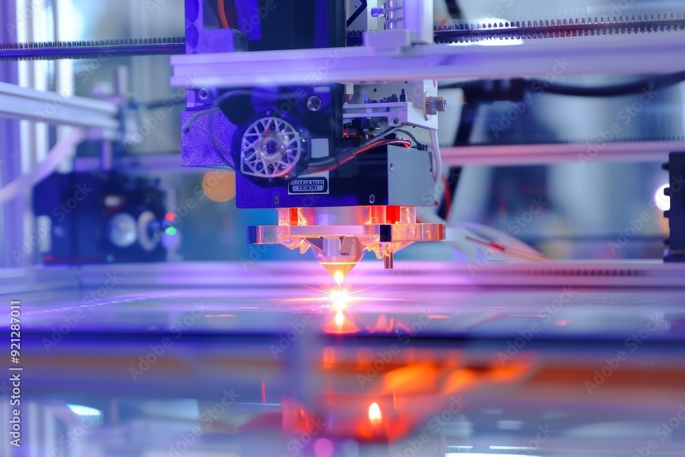Poster a 3d printer in action within a factory setting, creating components for manufacturing processes, im