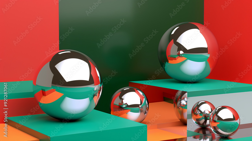 Aufkleber illustration of colorful geometric shapes of smooth and shiny spheres on steps of square platforms a