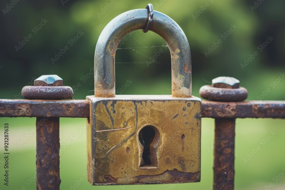 Aufkleber a padlock is securely attached to a sturdy metal fence, ensuring safety and security, implementing t