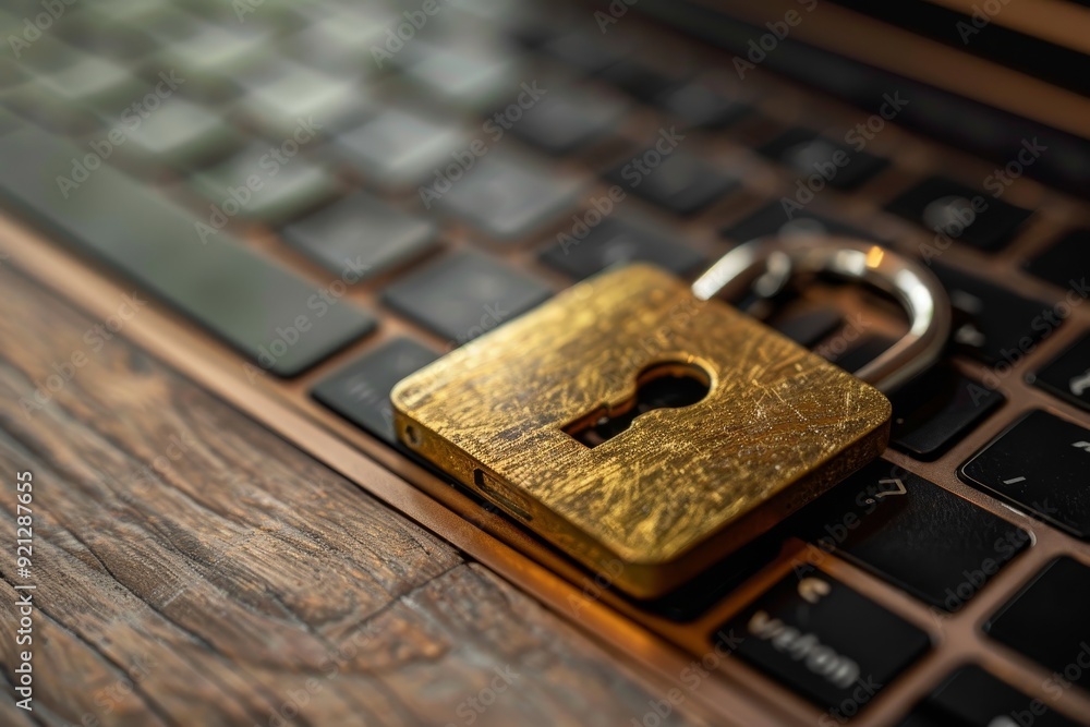 Poster a padlock securely fastened on a laptop keyboard for added protection, implementing two-factor authe
