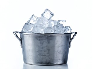 Metal bucket filled with clear ice cubes on a bright background