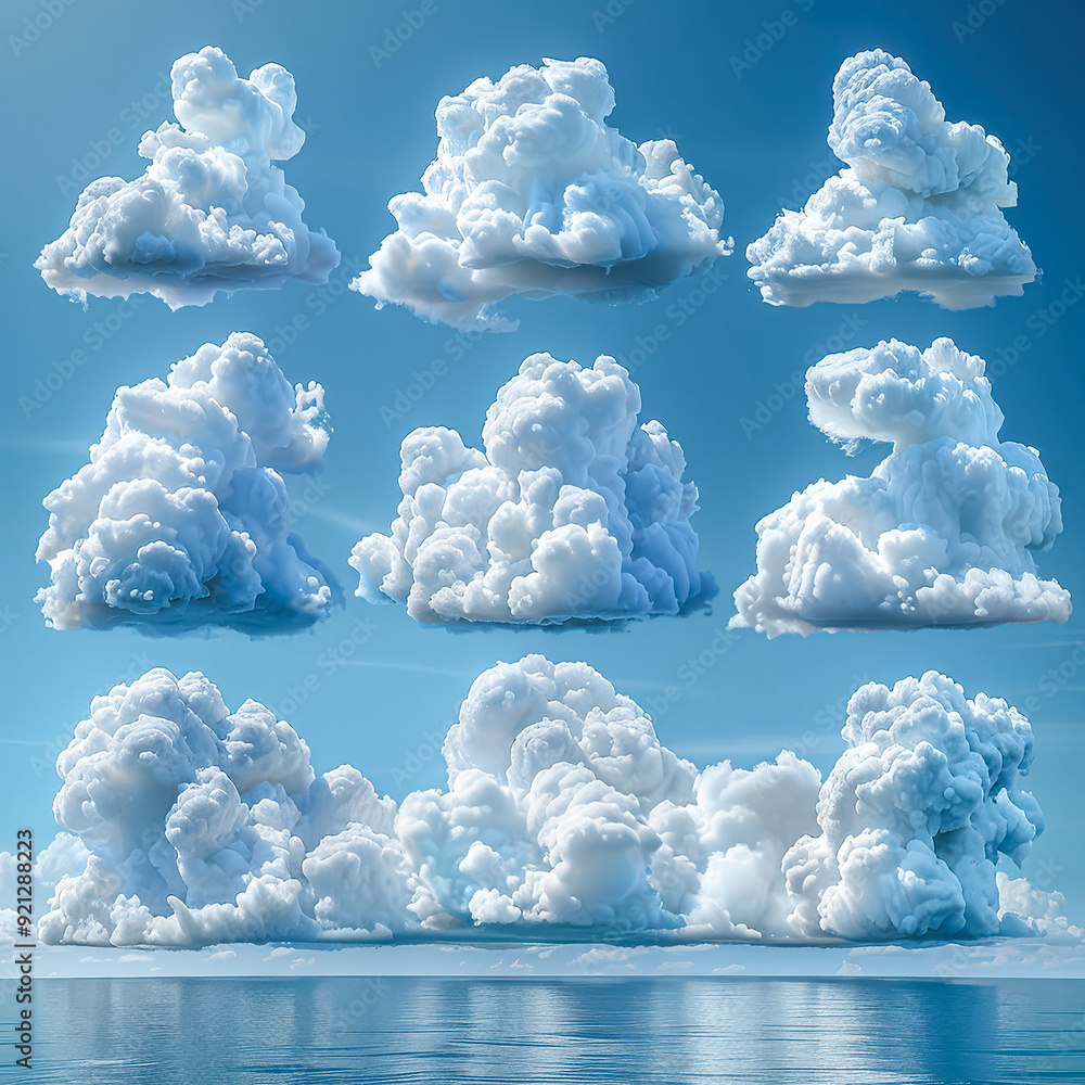 Poster a series of clouds in the sky with a blue background. the clouds are of different sizes and shapes, 