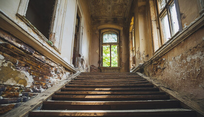 Obraz premium Old wooden stairs and ruined palace with walls, windows. Abandoned building. Historical architecture