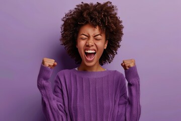 Close up photo of amazing wavy lady win competition yelling raising fists celebrating wear casual pullover isolated purple color background