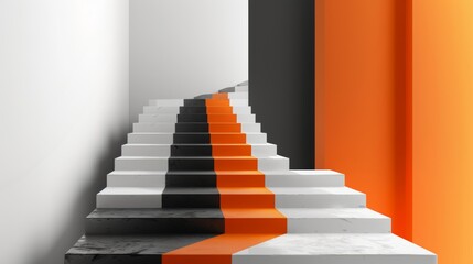 Modern and minimalistic style with business innovation and steady growth. Intelligent investing and product engineering use an ascending stairs concept. Black-to-white gradient transitions to orange, 