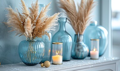 Fototapeta premium Beautiful Christmas Decorations with Pampas Grass. Pastel Blue and Gold Seasonal Scene