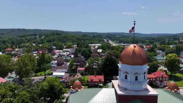 Aerial-Hermann, Missouri-Flying over the copper domes of the iconic Gasconade County Courthouse and on to downtown Hermann, a Rhineland village settled by Germans in 1837.