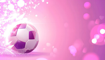 Fototapeta premium A futuristic digital illustration of a soccer ball set against a vibrant purple and pink gradient background. The design features dynamic lines, dots, and abstract geometric shapes, creating a sense