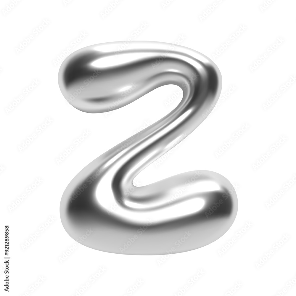 Poster 3d chrome bubble letter z in y2k futuristic style. shiny silver glossy surface with inflated liquid 