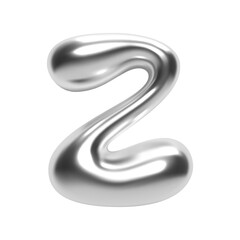 3D chrome bubble letter Z in Y2K futuristic style. Shiny silver glossy surface with inflated liquid metal form. Isolated alphabet letter from trendy vector render font for modern typography and design