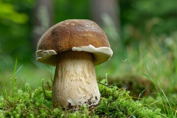 A mushroom perched on lush green moss in a forest setting, Incorporate elements from nature that are commonly associated with porcini cep mushrooms