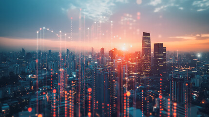 Fototapeta premium Smart digital city with connection network that is at the cutting edge of innovation in technology and business with bright, modern skyscrapers. Backgrounds for technology and charts and graphs