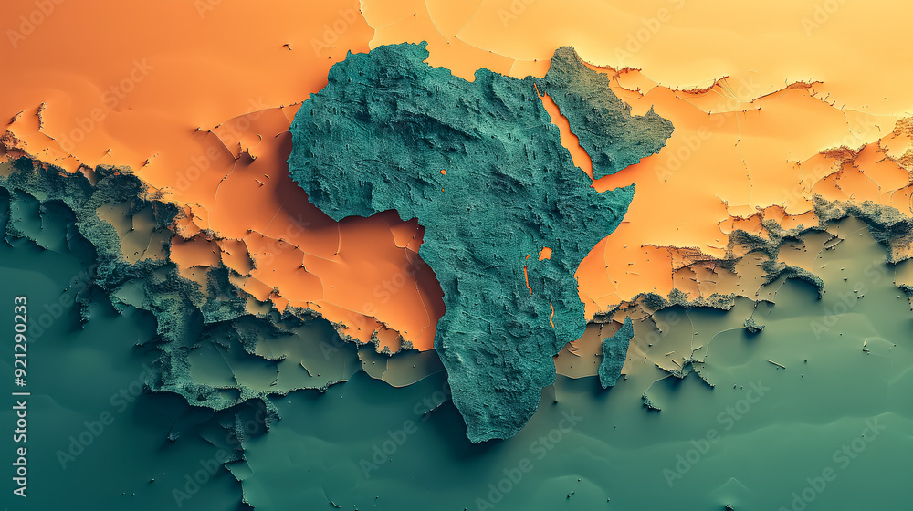 Poster a map of africa is shown in a green and orange color scheme. the map is made up of small dots and ha