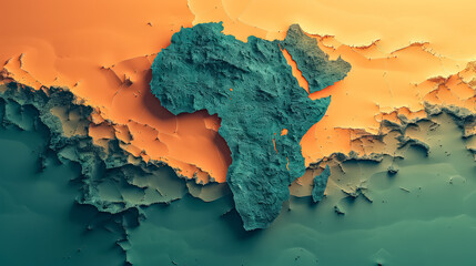A map of Africa is shown in a green and orange color scheme. The map is made up of small dots and has a pixelated appearance. The colors and style of the map give it a modern and abstract feel