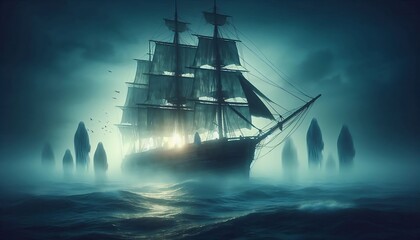 Ghost Ship Sailing in the Haunted Waters