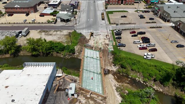 Aerial-Establishing shot-Hermann, Missouri from construction on the Frene Creek Bridge along Market Street to Missouri River bridge on State Road 19