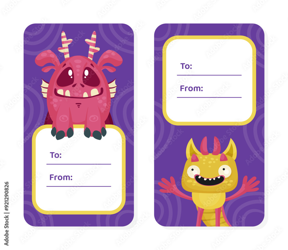 Poster greeting tag with funny monster character and mutant with friendly face vector template