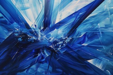 Obraz premium Geometric shapes and lines in blue and white colors create an abstract painting, Incorporate geometric shapes and lines to enhance the sense of movement and energy in a blue explosion