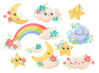 Cute Moon and Star with Flowers and Pretty Face Vector Set