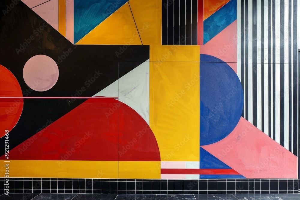 Poster geometric shapes and patterns create a unique abstract painting on the wall of a building, incorpora